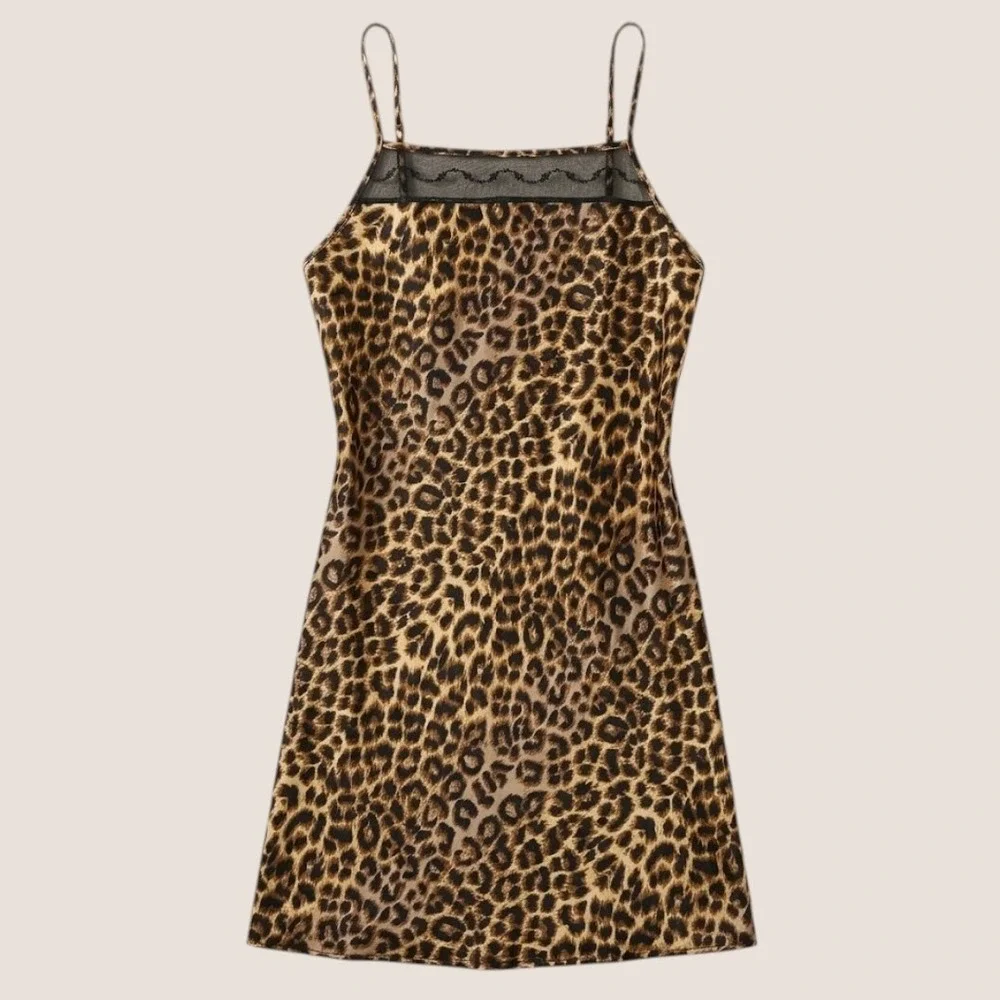 Leopard Print Chemise Nightgown Medium Sexy Satin Slip Dress Vintage y2k